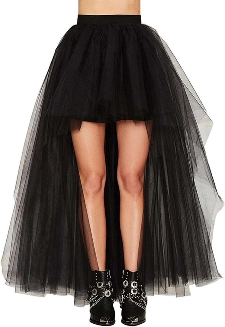 MisShow Women's Hi-Lo Long Tutu Tulle Bustle Skirt Elastic Waist Festival Party Skirt (Black, One Size )