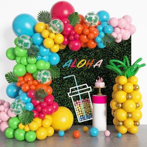 Hawaiian Balloons Arch Birthday Decorations 165 Pcs, Olive Green Blue Hot Pink Orange Gold Balloons, Hawaiian Summer Beach Party Supplies, Balloon Arch kit