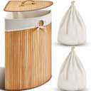 Gueevin Corner Bamboo Laundry Hamper with Lid and Removable Liner Corner Bamboo Laundry Basket with Handle Washing Clothes Basket Storage Bin for Bedroom Bathroom (Carbon,Vertical Slatted)