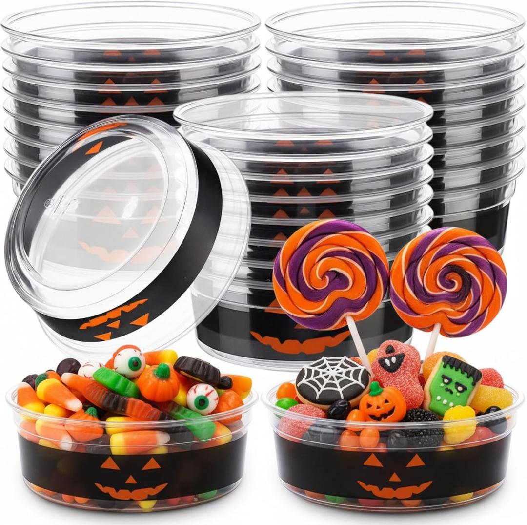 Mimorou 50 Pcs Halloween Candy Bowl Clear Plastic Serving Bowls 12 oz Pumpkin Tableware Decorations Salsa Containers for Halloween Party Favors Supplies
