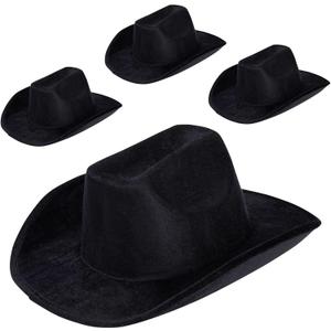Zodaca 4-Pack Black Felt Cowboy Hats - Bulk Pack of Cowboy Hats for Men, Women, Girls, Halloween, Birthday, Bachelor, Bachelorette (Adult Size)