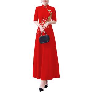Women's New Chinese Cheongsam Print Short Sleeves Embroidery Pattern Elegant Maxi Dress (6, Red)
