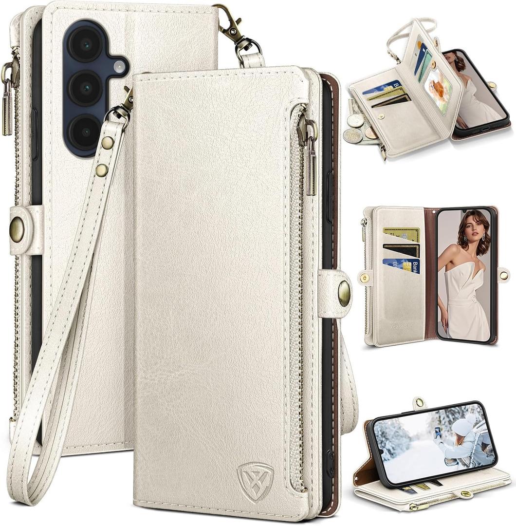 XcaseBar Compatible with Samsung Galaxy A16 5G Wallet case with Zipper Credit Card HolderRFID Blocking,Flip Folio Book PU Leather Phone case Shockproof Cover Women Men for Samsung A16 case White