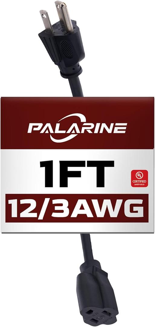 1ft Black Extension Cord Waterproof, UL Listed, 12/3 SJTW Heavy Duty 3 Prong, 12 Gauge 15A Power Cord Ideal for Lights, Appliances, and Lawn