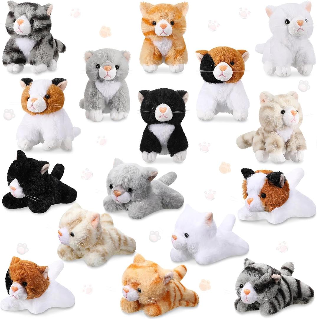 Leitee 16 Pcs Cat Stuffed Animals Bulk Party Favor 5 Inch Kitten Plush Toy Assorted Cute Cat Plush Stuffed Gift Small Fluffy Animal Toy for Birthday Adopt Pet Classroom Party Favor(Lovely Style)