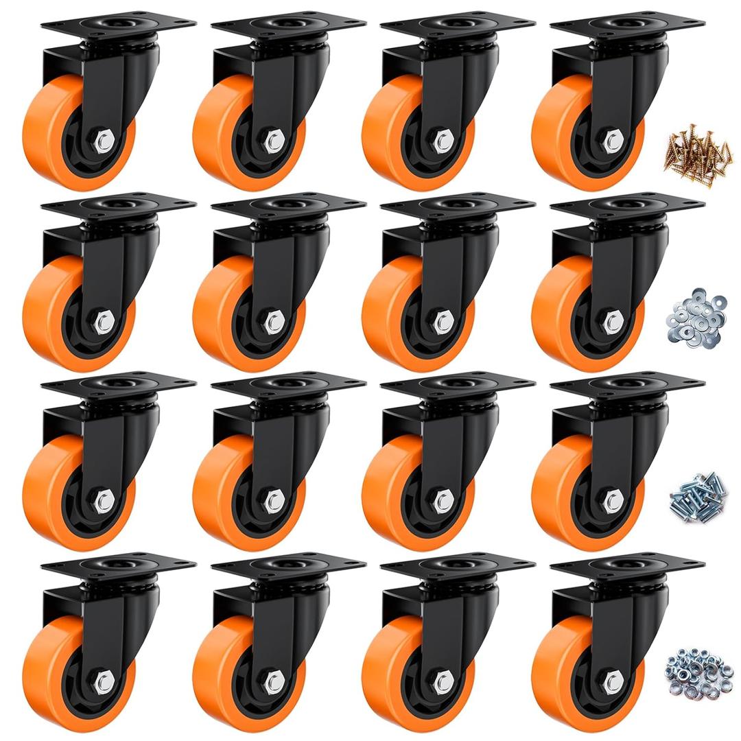 3 Inch Caster Wheels, Casters Set of 16 Heavy Duty, Orange Polyurethane (PU) Casters, Industrial Swivel Top Plate Castor Wheels for Workbench/Furniture/Cart (Pack of 16)