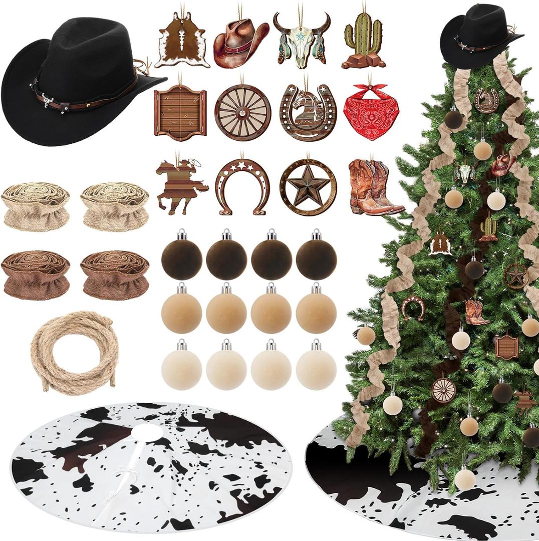 Syhood 31 Pcs Western Cowboy Christmas Tree Decor Set Velvet Christmas Ball Rustic Cowboy Hat Rope Cowhide Print Xmas Tree Skirt Wooden Ornament Vintage Burlap Ribbon for Xmas Holiday Party Home Decor