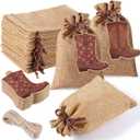 Mooliwe 50 Pcs Burlap Drawstring Bags with Boot Shape Tags, Western Cowgirl Gift Sacks Bulk 4 x 6 Inches Reusable Burlap Candy Pouch for Bachelorette Cowboy Baby Shower Wedding Party Favor(Brown)