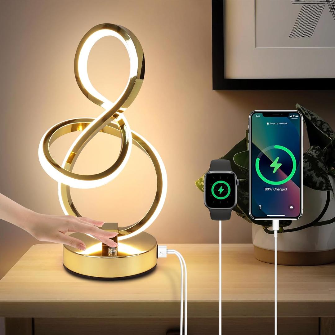 Modern Table Lamp, LED Bedside lamp with USB C+A ports, Touch Stepless Dimmable Nightstand lamp, Unique Spiral Table lamp for Bedroom Living Room Home Office, Spiral lamp for Ideal Gift, Gold