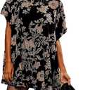 Aimiray Women's Vintage Velvet Dress Round Neck Short Sleeve Floral Printed Mini Flowy Dress (X-Large, Black)