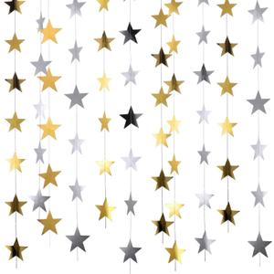Patelai 130 Feet Glitter Star Garland Banner Decoration Hanging Star Decoration Gold Black Party Decorations for Graduation Wedding Birthday Festival Party Decor(Gold and Silver,10)