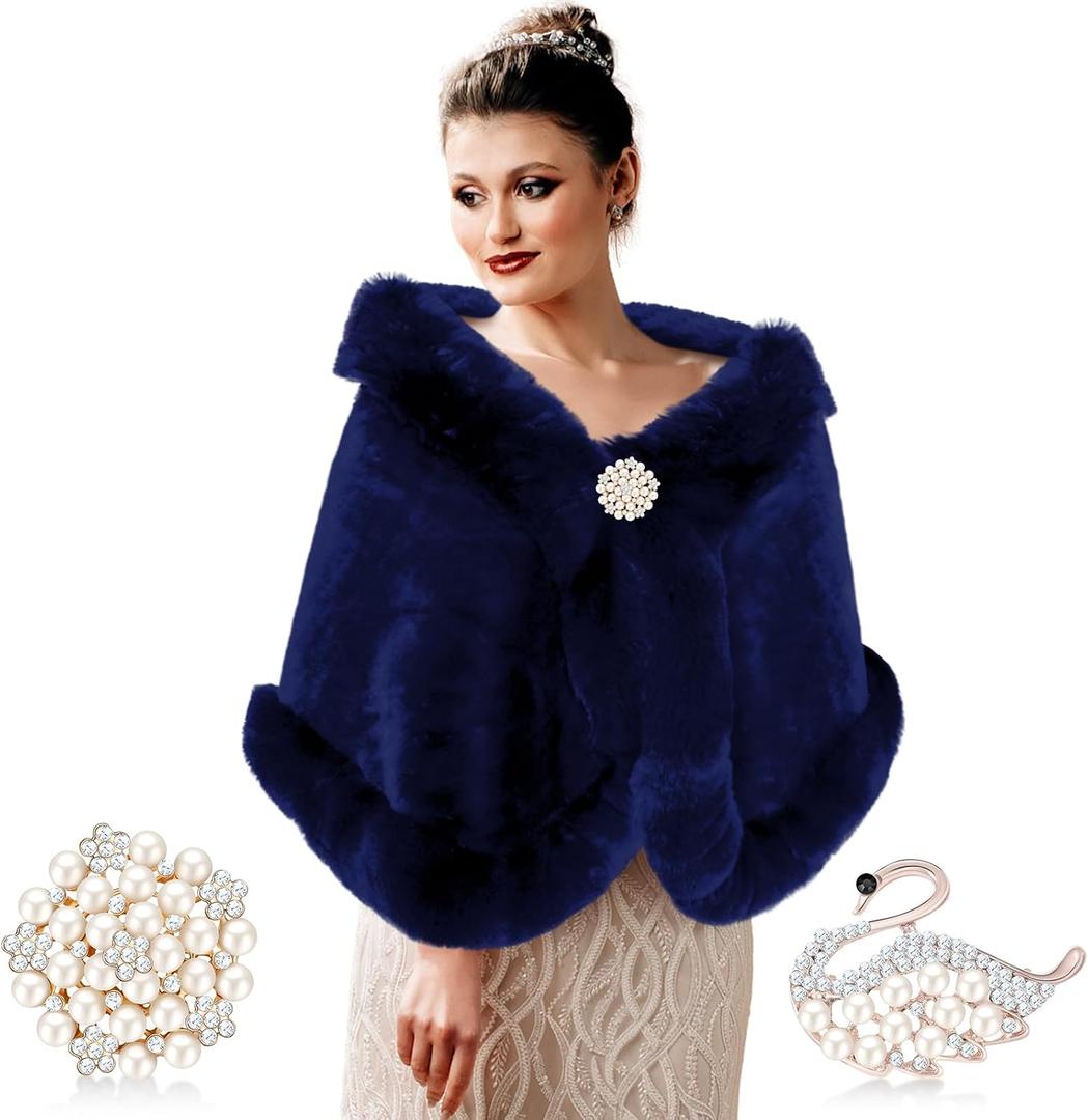 Jadive Faux Fur Shawl Wraps for Women with 2 Rhinestone Brooches Wedding Bridal Faux Fur Cape Stoles Coat Jacket (Blue)