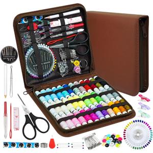 JUNING Sewing Kit with Case 168pcs Portable Sewing Accessories and Supplies for Home Traveler, Adults, Beginner, Emergency, Contains Thread, Scissors, Needles, Measuring Tape (XL-36 Threads-Brown)