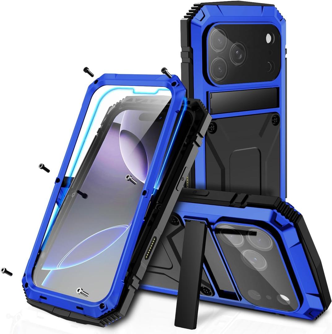 Compatible with iPhone 17 Pro Metal Case, Military Grade Heavy Duty Aluminum Rugged Cover with Screen Protector Stand Camera Control Shockproof Dustproof Full Body Protection for Men (Blue)