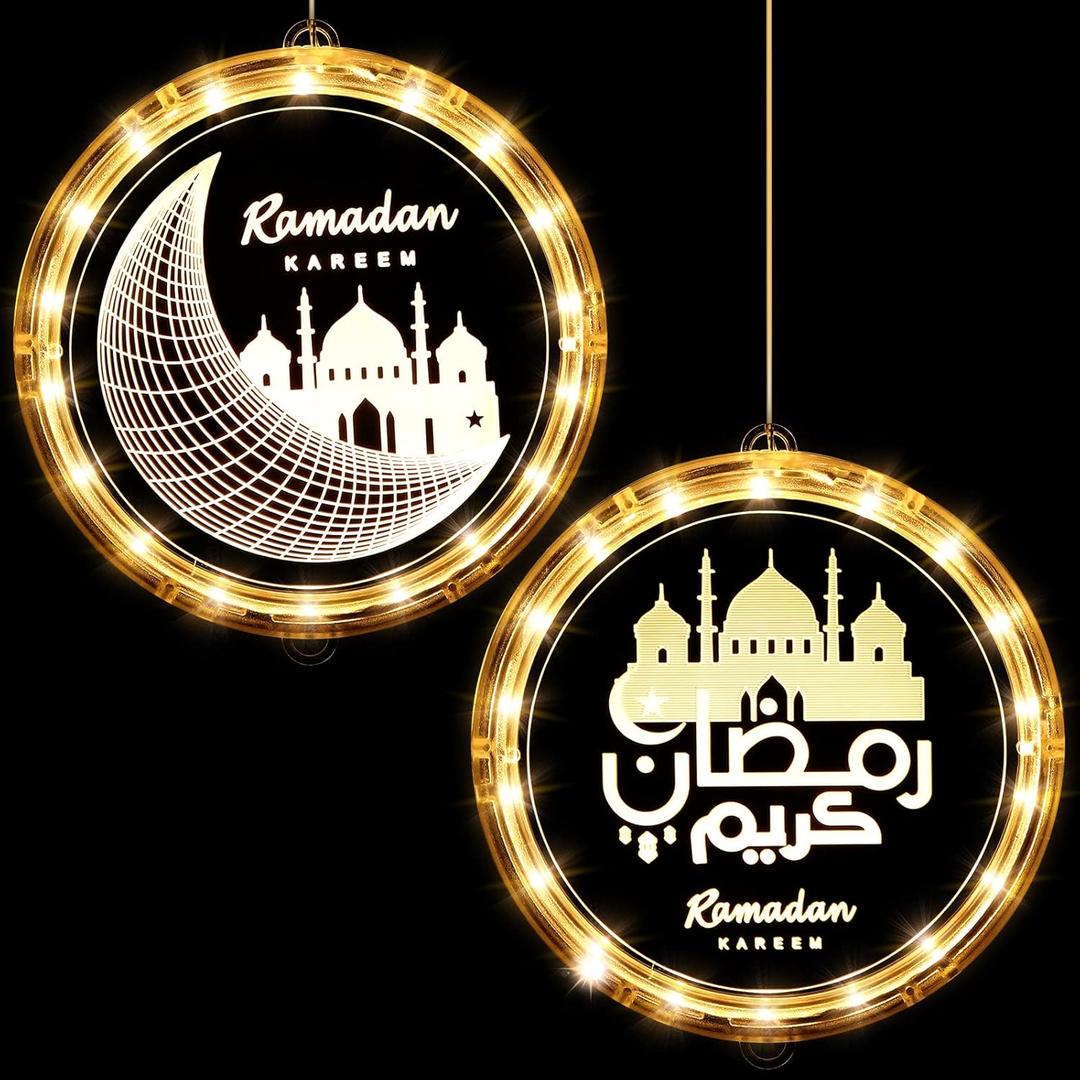 Hortsun 2 Pieces Eid Ramadan Decorative Window Lights Moon Star LED Ramadan Lights Decorations for Eid Mubarak Xmas Eve Wall Pathway Patio Bedroom Window(Castle Style)