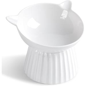 Ceramic Raised Cat BowlTilted Raised Cat Bowl Anti Vomit Cat Bowls for Indoor Cats Whisker Friendly Pet Feeder for Cats Puppies, Microwave and Dishwasher Safe (White)