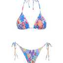 VOLAFA Women's Triangle Bikini Set String Swimsuit Print Tie Smocked Ruched Two Piece Bathing Suit (Small, Blue Floral1)