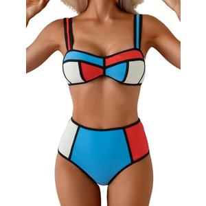Eomenie Bikini Sets for Women Two Piece Swimsuits High Waisted Color Block Bathing Suits Tie Back Swimwear, Size 2XL