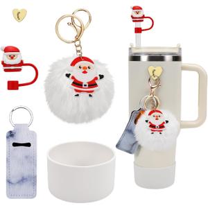 Stanley Cup Accessories Set - Silicone Straw Cover, Boot, Lipstick Holder, Charms for 40oz & 30oz Tumbler. (Santa Claus)