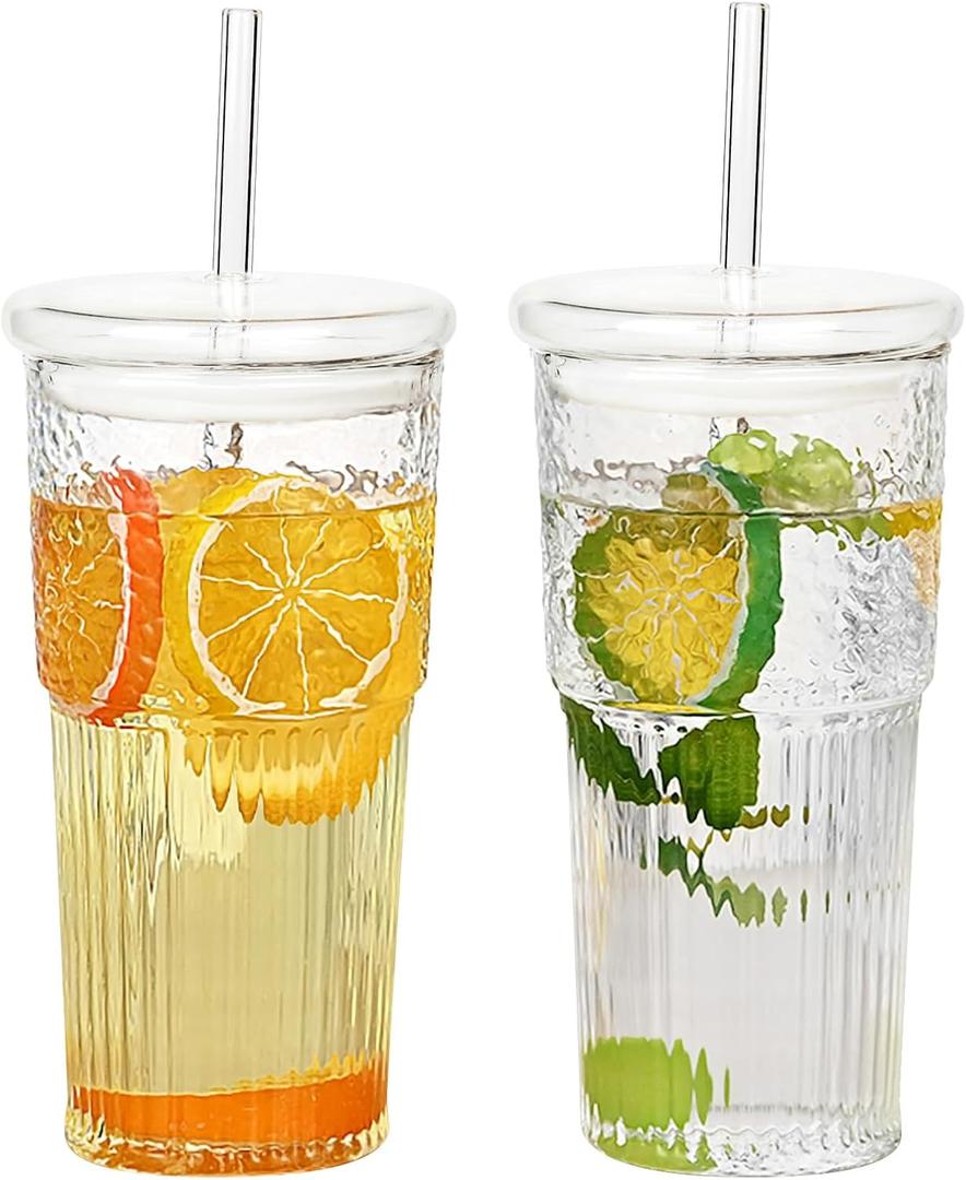 GOSCHE Glass Cups with Lids and Straws, 20oz Glass Cups Drinking Jar, Clear Iced Coffee Cups, Vintage Ripple Glass Tumbler for Water Coffee Tea, Clear, 2 Pcs