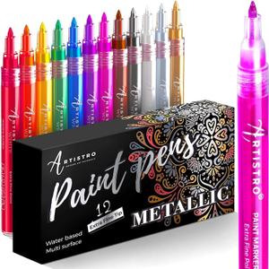 Metallic Paint Pens for Rock Painting, Stone, Ceramic, Glass, Wood, Fabric, Pebbles, Scrapbook Journals, Photo Albums, Card Stocks. Set of 12 Acrylic Paint Markers Extra-Fine Tip 0.7mm