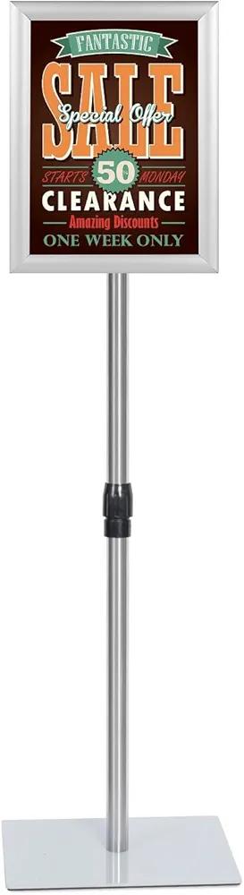 Adjustable Sign Stand Holder, 8.5 x 11 Inch Poster Stand with Extra Heavy Duty Square Metal Base, Vertical or Horizontal Outdoor Floor Standing Indoor Display Holder for Restaurant, Silver
