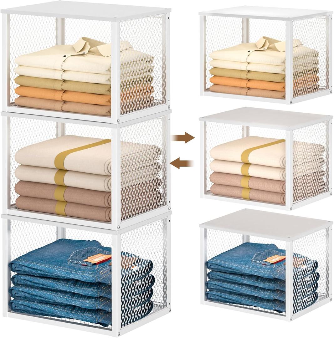 3 Pack Stackable Closet Organizers and Storage Basket, Closet Shelves with Wood Top Extra Storage, Multifunctional Clothes Organizer Bins/Cube Storage Drawer for Wardrobe Kitchen Laundry Room, White