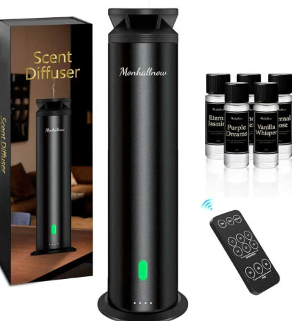 Monhallnow Waterless Scent Diffuser Starter Kit – 1000 Sq Ft Coverage, Suitable for Home & Hotel Series Diffuser, Includes 5 Scent Oils, Remote Control, Large Room Essential Oil Diffuser, Ultra Black
