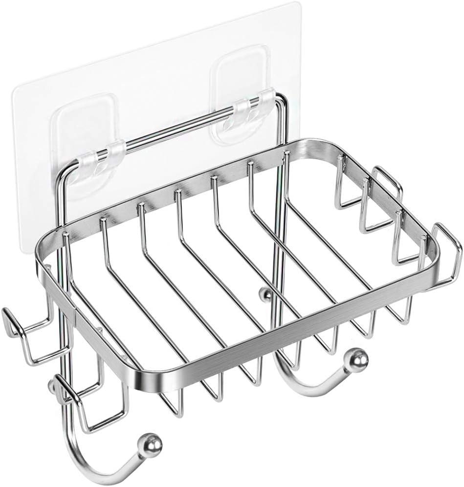 ODesign Soap Dish Holder SUS304 Stainless Steel with 6 Hooks Loofah Bath Sponge Towel Razor Holder for Bathroom Shower Kitchen Adhesive Wall Mounted No Drilling-Silver-1 Pack