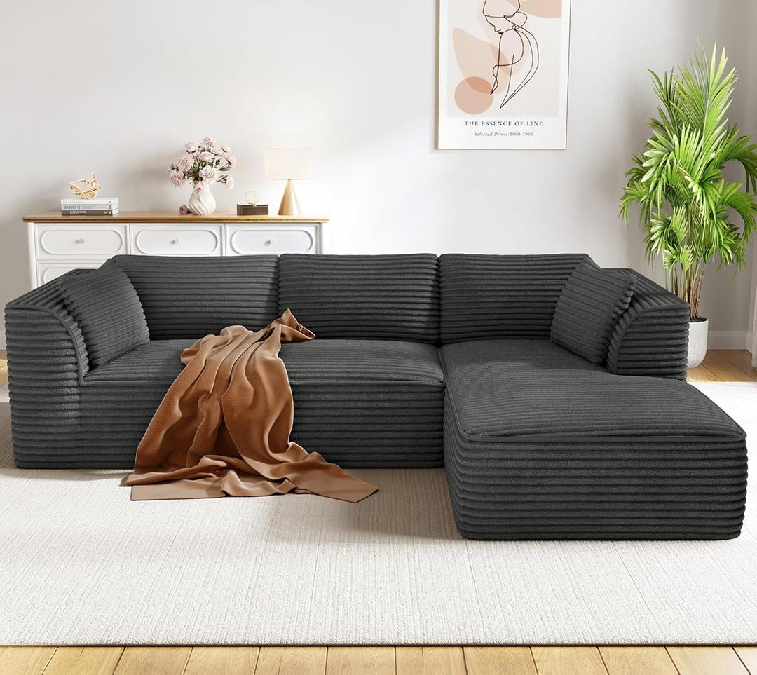 Vesgantti 106" Cloud Couch with Chaise, Deep Seat Fluffy Modular Sectional Sofa Corduroy Memory Foam Boneless Couches for Living Room Bedroom, No Assembly Required (Grey, Right-Facing Chaise)