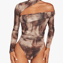 Floerns Women's Tie Dye Asymmetrical Neck Leotard Long Sleeve Ruched Bodysuit Top, Size XL