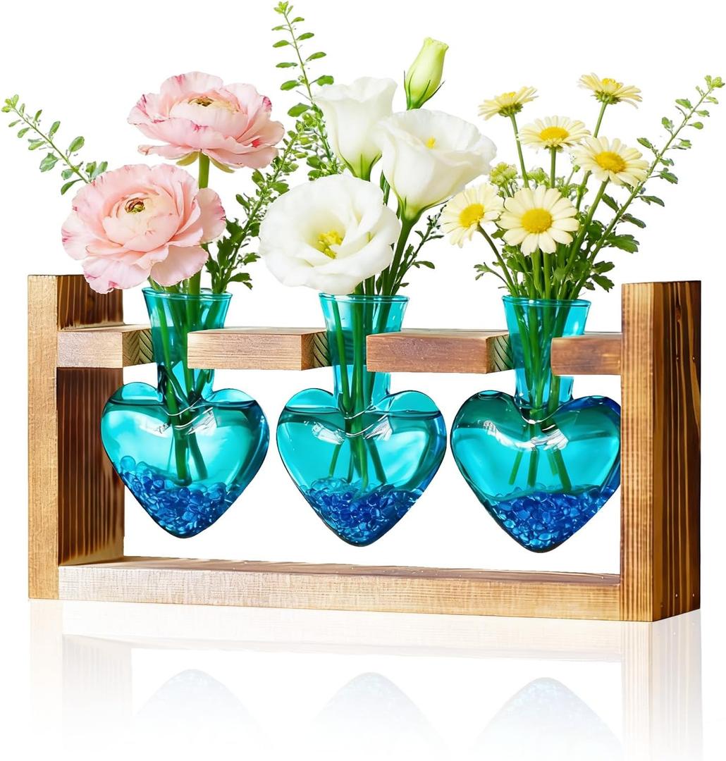 Nacome Plant Terrarium Propagation Stations: Mothers Day Gifts for Mom Plant Lovers Women Wife Daughter - 3 Bulb Glass Vases with Wooden Stand Tabletop for Hydroponics Home Garden Decor (Blue)