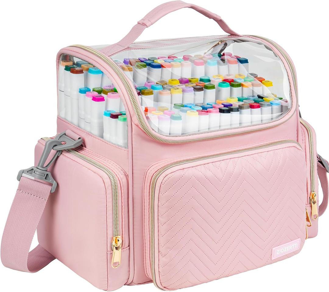 Marker Organizer Case for 180-300 Markers,Travel Marker Storage Bag with Dividers and 4 Pockets,Marker Organizer Holder for Paint Brushes,Colored Pencils and Other Art Supplies,Bag Only,Pink