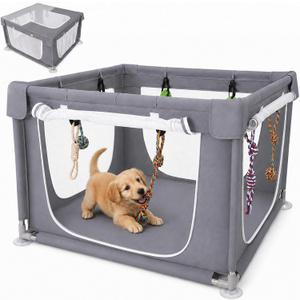 Puppy Play Pen for Indoors with Top Cover, 42" x 42" x 25", 8 Chew Toys | Dark Grey, 42" fabric dog playpen with top cover, exterior zippers, breathable mesh, four zippered sides, and 8 chew toys.