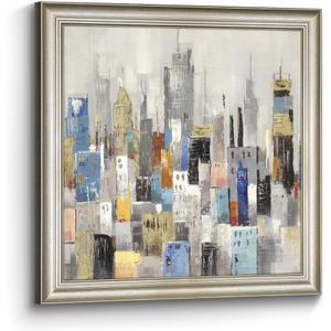 Abstract Cityscape Canvas Wall Art: Large Framed New York City Painting Modern Office Home Hand Painted NYC Building Print Artwork Decor Manhattan Downtown Picture for Living Room Bedroom, 30"L x 30"W