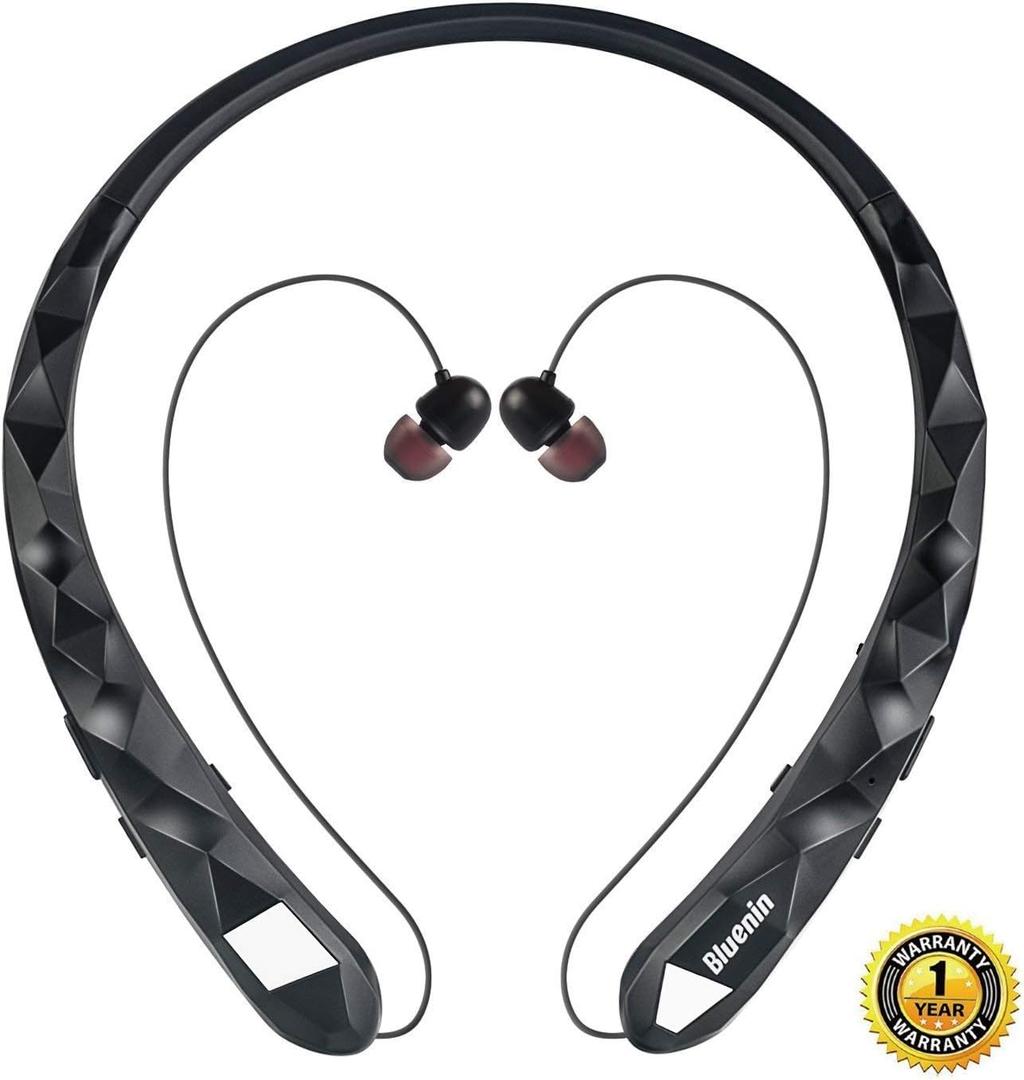Bluetooth Headphones Bluenin Wireless Headphones Neckband Retractable Earbuds Noise Cancelling Stereo Headset Sport Sweatproof Earphones with Mic (Matte Black)