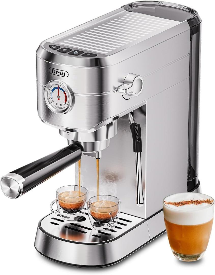 Gevi Commercial Espresso and Coffee Makers, Professional 20 Bar Espresso Maker with Milk Frother, Stainless Steel Expresso Coffee Machines for Home, Compact Cappuccino Machine, Great Gift (Sterling Silver)