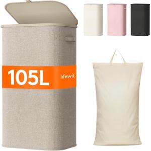 Lifewit 105L Laundry Basket with Lid, Large Laundry Hamper with Plastic Handles and Removable Bag, Foldable Tall Dirty Clothes Hampers for Laundry for Laundry Room, Bedroom, Bathroom, Dorm, Beige