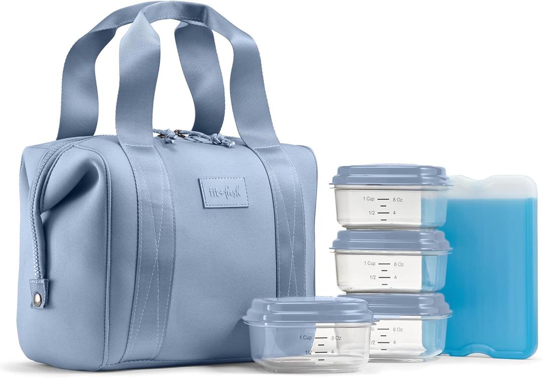Fit & Fresh Remi Lunch Bag for Women Work  Neoprene Lunch Tote with Containers & Ice Pack, Reusable Meal Prep Lunch Box, Large Capacity, Machine Washable, Slate (Blue)
