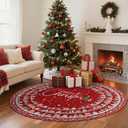 Round Christmas Rug 4Ft, Machine Washable Christmas Area Rug Non Slip Indoor Circle Carpet Soft Low Pile Xmas Holiday Rug for Living Room Bedroom Nursery Kitchen Entryway (Red)
