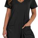 Women's Summer Casual Rompers Short Sleeve V Neck Loose Fit Jumpsuit 2025 Trendy One Piece Jumps With Pockets (Medium, Black)