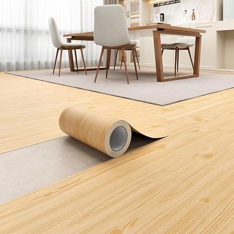 Peel and Stick Floor Tile 11.8” x 590” Vinyl Flooring Roll Cover 48.4 Sq.Ft. Waterproof Scratch-Resistant DIY Self-Adhesive PVC Wood Flooring for Kitchen, Living Room, Renter, Light Brown