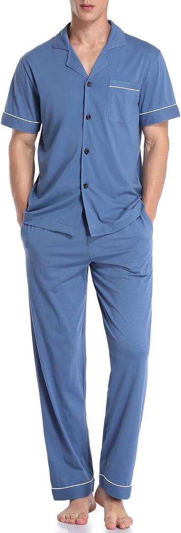 COLORFULLEAF Men's 100% Cotton Pajamas Set Button Down Sleepwear Short Sleeve and Long Pants Pjs (X-Large)