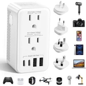 2500W Voltage Converter US to Europe, 220V to 110V Converter for European Travel, Power Converter Adapter Combo with 2 USB-A 2 USB-C, UK/AU/US/IT/European Travel Plug Adapters for Hair Dryer