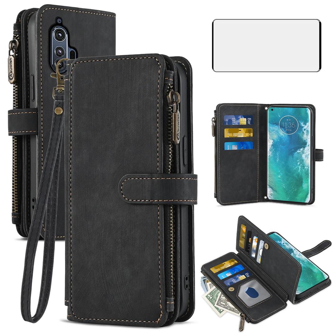 Asuwish Phone Case for Moto Edge Plus 2020 Wallet Cover and Tempered Glass Screen Protector Leather Flip Credit Card Holder Stand Lanyard Folio Cell Accessories Motorola Edge+ + XT2061 Women Men Blue