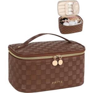 Prite Makeup Bag, Large Capacity Portable Travel Cosmetic Bag, Waterproof Makeup Organizer for Women with Handle and Divider (001 Checkered Brown)