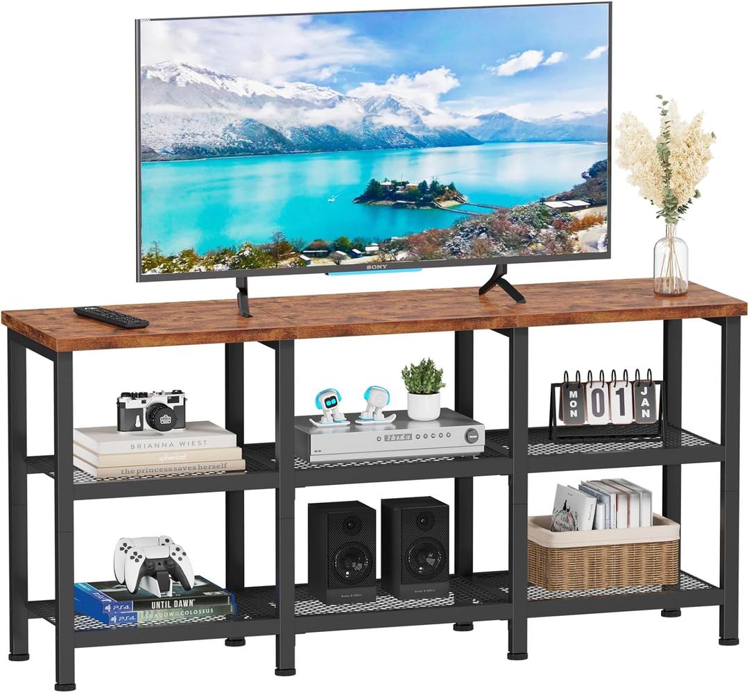 Furologee TV Stand, Small Media Console Table with 3-Tier Storage Shelves, Industrial Entertainment Center for TVs up to 50 Inch, Television Stands for Living Room, Bedroom, Rustic Brown (43'' no outlets)