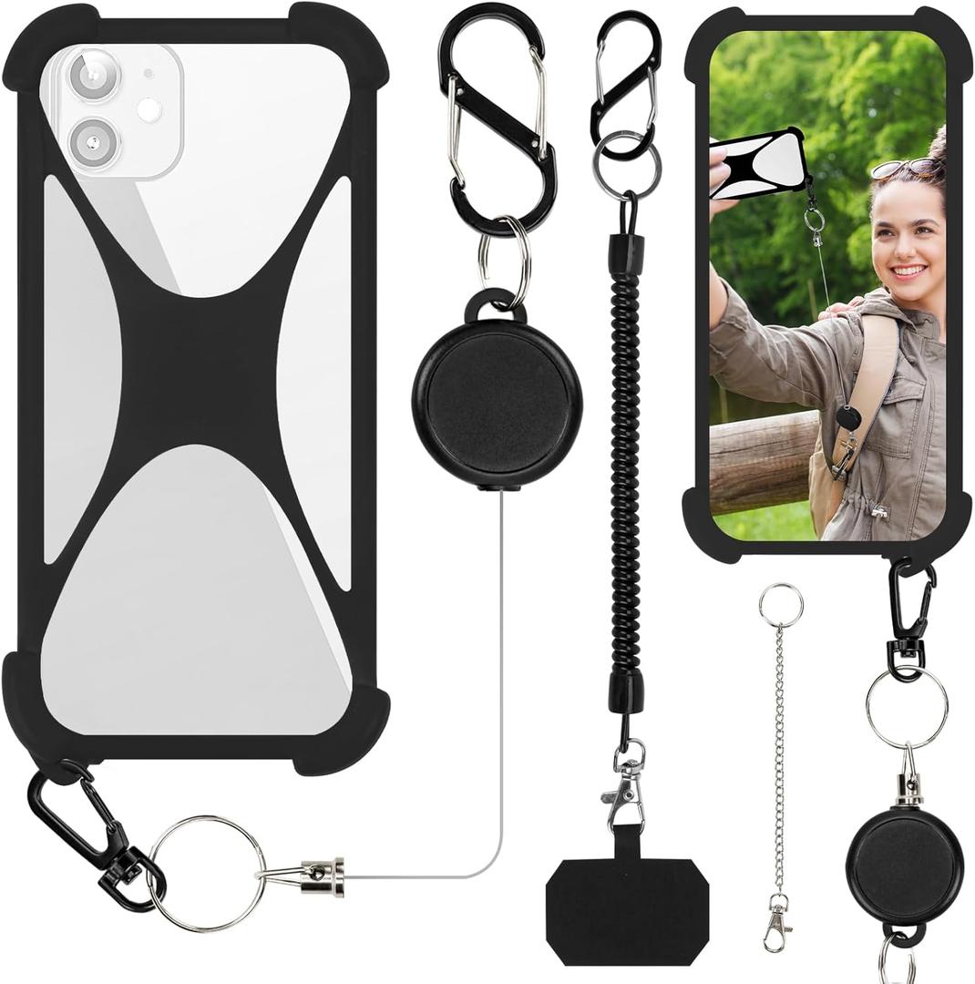 Silicone Phone Lanyard Holder, Universal Phone Tether, Anti-theft Phone Strap Compatible with Most Smartphones (Black+ Reel)