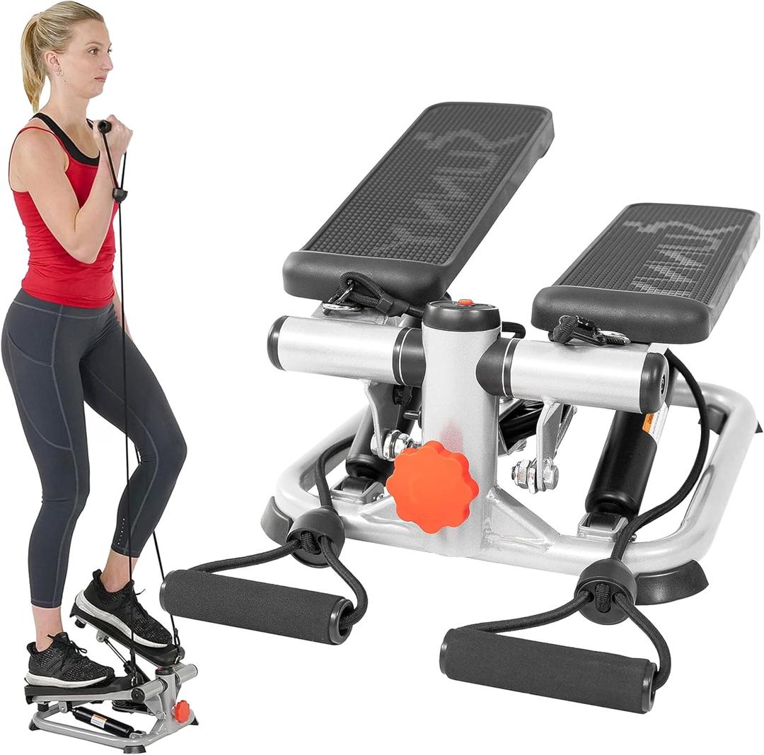 Sunny Health & Fitness Mini Steppers with Digital Monitor and Resistance Bands, Compact Low-Impact Cardio Machines for Home Workouts (Grey)