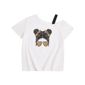 SHENHE Girl's Summer Graphic Tee Cut Out Shoulder Short Sleeve Asymmetrical Tshirt Top White 11Y
